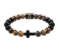 RWGSNB Men Women Cross Bracelet with A-Z Letter Natural Tiger Eye Obsidian Stone Bracelets Stretch Initial Beads Gemstones Bangle Meditation Yoga Crystal Jewelry Gift Letter-D