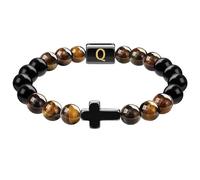 RWGSNB Men Women Cross Bracelet with A-Z Letter Natural Tiger Eye Obsidian Stone Bracelets Stretch Initial Beads Gemstones Bangle Meditation Yoga Crystal Jewelry Gift Letter-Q