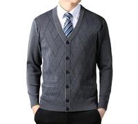 RWGSNB Mens Cardigan Sweater Fashion Jacquard V Neck Knit Jumper Classic Button Cardigan Coats With Pockets Knitwear Transition Jacket Business Smart Cardigan For Men,Gray,L