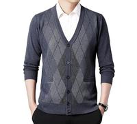 RWGSNB Mens V Neck Cardigan Sweater Vintage Rhombus Jacquard Knit Jumper Button Cardigan Coats Casual Long Sleeve Transition Jacket Business Knitwear Cardigan For Men,Gray,Xs