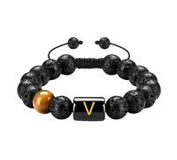 RWGSNB Natural Black Lava Beads Gemstone Bracelet with Letter A-Z Personalized Initial Bracelet Braided Rope Tiger Eye Stone Bangles Crystal Jewelry Gift for Women Men Letter-V