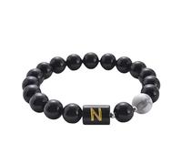 RWGSNB Natural Black Lava Gemstone Bracelet with Letter A-Z Personalized Initial Beads Bracelet Stretch White Turquoise Stone Bangles Crystal Jewelry Gift for Women Men Letter-N