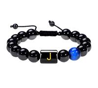 RWGSNB Natural Black Lava Tiger Eye Stone Bracelet with Letters A-Z Premium Initial Beaded Bracelets Braided Rope Gemstone Bangles Crystal Jewelry Gifts for Men Women Letter-J