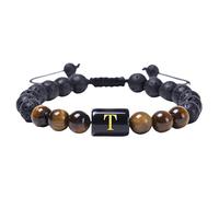 RWGSNB Natural Black Lava Tiger Eye Stone Bracelet with Letters A-Z Premium Initial Beaded Bracelets Braided Rope Gemstone Bangles Crystal Jewelry Gifts for Men Women Letter-T