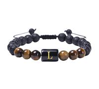 RWGSNB Natural Black Lava Tiger Eye Stone Bracelet with Letters A-Z Premium Initial Beaded Bracelets Braided Rope Gemstone Bangles Crystal Jewelry Gifts for Men Women Letter-L