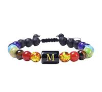 RWGSNB Natural Crystals 7 Chakra Bracelet with Letter A-Z Initial Beaded Bracelet Handmade Braided Lava Rock Stone Bangles Reiki Yoga Jewelry Gift for Women Men Letter-M