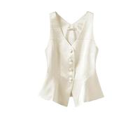 RWGSNB Satin Waistcoat Women Button Down Work Office Vest Casual Sleeveless Suits Blazers Single Breasted Cardigan Elegant Gilet for Daily Wear Beige M