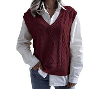 RWGSNB Sleeveless Sweater Ladies, Womens Cable Knit Sweaters Vest Oversized Sleeveless V Neck Knitted Jumper Autumn Warm Waistcoats Vintage Casual Pullover Tank Top for Daily Wear Date Burgundy Xs