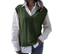 RWGSNB Sleeveless Sweater Ladies, Womens Sleeveless Knitted Vest Oversized V Neck Cable Knit Sweaters Waistcoats Casual Loose Fit Autumn Warm Jumper Top Vintage Pullover Tank Top Green M
