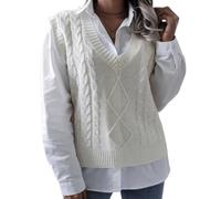 RWGSNB Sleeveless Sweater Ladies, Womens Sleeveless Knitted Vest Oversized V Neck Cable Knit Sweaters Waistcoats Casual Loose Fit Autumn Warm Jumper Top Vintage Pullover Tank Top White M
