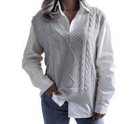 RWGSNB Sleeveless Sweater Vest, Womens Cable Knit Sweaters Vest Oversized Sleeveless V Neck Knitted Jumper Autumn Warm Waistcoats Vintage Casual Pullover Tank Top for Daily Wear Date Gray L