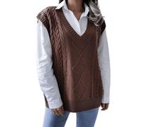 RWGSNB Sleeveless Sweater Vest, Womens Sleeveless Knitted Vest Oversized V Neck Cable Knit Sweaters Waistcoats Casual Loose Fit Autumn Warm Jumper Top Vintage Pullover Tank Top Brown S