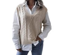 RWGSNB Sleeveless Sweater Vest, Womens Sleeveless Knitted Vest Oversized V Neck Cable Knit Sweaters Waistcoats Casual Loose Fit Autumn Warm Jumper Top Vintage Pullover Tank Top Beige Xs
