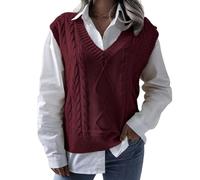 RWGSNB Sleeveless Sweater Vest, Womens Sleeveless Knitted Vest Oversized V Neck Cable Knit Sweaters Waistcoats Casual Loose Fit Autumn Warm Jumper Top Vintage Pullover Tank Top Burgundy M