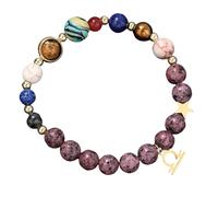 RWGSNB Solar System Gemstone Bracelet with 12 Constellations Pendant 8 Mm Natural Purple Granite Beaded Stone Bracelets Protection Crystal Bangles for Men Women Libra