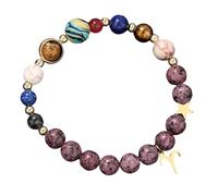 RWGSNB Solar System Gemstone Bracelet with 12 Constellations Pendant 8 Mm Natural Purple Granite Beaded Stone Bracelets Protection Crystal Bangles for Men Women Aries