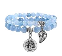 RWGSNB Women Crystal Bracelets, 2 Pack Chakra Bracelets for Women Men Beaded Gemstone Bangles with Tree Of Life Pendant Reiki Yoga Anxiety Crystal Bangles Set Jewellery Aquamarine-Calm