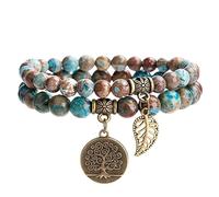 RWGSNB Women Crystal Bracelets, 2 Pack Chakra Bracelets Set Multilayer Real Stones Boho Beaded Gemstone Bangles with Tree Of Life Pendant Energy Beaded Crystal Bangles Jewellery Sodalite