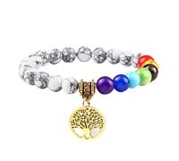 RWGSNB Women Crystal Bracelets, Real Stones Chakra Bracelet with Tree Of Life Reiki Yoga Bangles Natural Gemstone Chakra Stones Anxiety Bangles Energy Crystal Jewellery Gifts for Women Men White Tur
