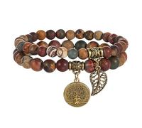RWGSNB Women Gemstone Bracelets, 2 Pack Chakra Bracelets for Women Men Beaded Gemstone Bangles with Tree Of Life Pendant Reiki Yoga Anxiety Crystal Bangles Set Jewellery Picasso Jasper-Cre
