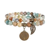 RWGSNB Women Gemstone Bracelets, 2 Pack Chakra Bracelets Set Multilayer Real Stones Boho Beaded Gemstone Bangles with Tree Of Life Pendant Energy Beaded Crystal Bangles Jewellery Colored Jade-Luc