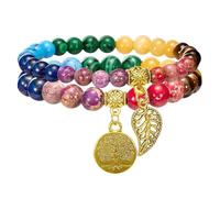 RWGSNB Women Gemstone Bracelets, 2 Pack Chakra Bracelets Set Multilayer Real Stones Boho Beaded Gemstone Bangles with Tree Of Life Pendant Energy Beaded Crystal Bangles Jewellery 7 Chakras-Inner
