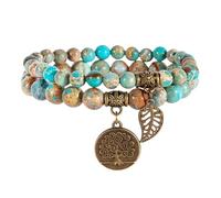 RWGSNB Women Gemstone Bracelets, 2 Pack Chakra Bracelets Set Multilayer Real Stones Boho Beaded Gemstone Bangles with Tree Of Life Pendant Energy Beaded Crystal Bangles Jewellery Sea Sedimen