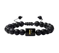 RWGSNB Women Men Bead Gemstone Bracelet with Letter A-Z Natural Black Lava Frosted Agate Stone Bracelet Adjustable Braided Rope Initial Bangles Crystal Jewelry Gift Letter-F