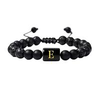 RWGSNB Women Men Bead Gemstone Bracelet with Letter A-Z Natural Black Lava Frosted Agate Stone Bracelet Adjustable Braided Rope Initial Bangles Crystal Jewelry Gift Letter-E