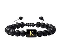 RWGSNB Women Men Bead Gemstone Bracelet with Letter A-Z Natural Black Lava Frosted Agate Stone Bracelet Adjustable Braided Rope Initial Bangles Crystal Jewelry Gift Letter-K