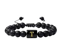 RWGSNB Women Men Bead Gemstone Bracelet with Letter A-Z Natural Black Lava Frosted Agate Stone Bracelet Adjustable Braided Rope Initial Bangles Crystal Jewelry Gift Letter-T