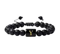RWGSNB Women Men Bead Gemstone Bracelet with Letter A-Z Natural Black Lava Frosted Agate Stone Bracelet Adjustable Braided Rope Initial Bangles Crystal Jewelry Gift Letter-Y
