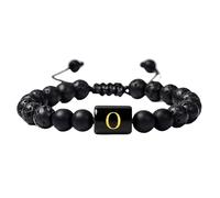RWGSNB Women Men Bead Gemstone Bracelet with Letter A-Z Natural Black Lava Frosted Agate Stone Bracelet Adjustable Braided Rope Initial Bangles Crystal Jewelry Gift Letter-O