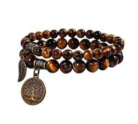 RWGSNB Women Natural Stone Bracelets, 2 Pack Chakra Bracelets Set Multilayer Real Stones Boho Beaded Gemstone Bangles with Tree Of Life Pendant Energy Beaded Crystal Bangles Jewellery Tigers Eye-