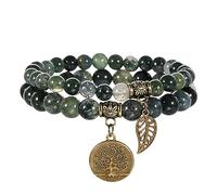 RWGSNB Women Natural Stone Bracelets, 2 Pack Chakra Bracelets Set Multilayer Real Stones Boho Beaded Gemstone Bangles with Tree Of Life Pendant Energy Beaded Crystal Bangles Jewellery Moss Agate-Gro