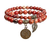 RWGSNB Women Natural Stone Bracelets, 2 Pack Chakra Bracelets Set Multilayer Real Stones Boho Beaded Gemstone Bangles with Tree Of Life Pendant Energy Beaded Crystal Bangles Jewellery Red Jasper-