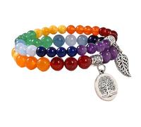 RWGSNB Women Natural Stone Bracelets, 2 Pack Chakra Bracelets Set Multilayer Real Stones Boho Beaded Gemstone Bangles with Tree Of Life Pendant Energy Beaded Crystal Bangles Jewellery Colored-Agate