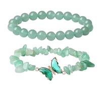 RWGSNB Women Natural Stone Bracelets, 2 Pack Natural Crystal Butterfly Bracelets Layered Gemstone Beaded Reiki Yoga Bangles Energy Balance Stone Friendship Bangles Spiritual Jewelry Gift for Women G