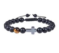RWGSNB Women Natural Stone Bracelets Faith Cross Bracelet for Men Black Frosted Onyx Bangles Adjustable Braided Rope Cross Beaded Gemstone Bangles Reiki Yoga Healing Crystal Jewelry Spiritual Gift