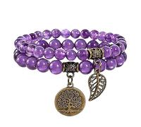 RWGSNB Women Stone Bracelets, 2 Pack Chakra Bracelets Set Multilayer Real Stones Boho Beaded Gemstone Bangles with Tree Of Life Pendant Energy Beaded Crystal Bangles Jewellery Amethyst-Love