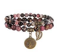 RWGSNB Women Stone Bracelets, 2 Pack Chakra Bracelets Set Multilayer Real Stones Boho Beaded Gemstone Bangles with Tree Of Life Pendant Energy Beaded Crystal Bangles Jewellery Rhodonite-Forgiv
