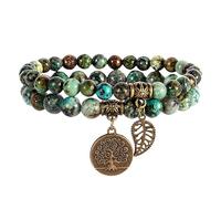 RWGSNB Women Stone Bracelets, 2 Pack Chakra Bracelets Set Multilayer Real Stones Boho Beaded Gemstone Bangles with Tree Of Life Pendant Energy Beaded Crystal Bangles Jewellery African Turquoi