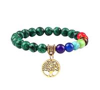 RWGSNB Women Stone Bracelets, 7 Chakra Bracelet for Women Men Tree Of Life Chakra Real Stones Anxiety Bangles Natural Gemstone Reiki Yoga Bangles Energy Crystal Jewellery Gifts Malachite-Gold