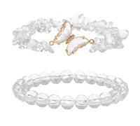 RWGSNB Women Stone Bracelets, Butterfly Bracelets Set Of 2 Layered Gemstone Beaded Friendship Bangles Balance Energy Stone Reiki Yoga Bangles Spiritual Crystal Jewelry Gift for Women Men Rock Crysta