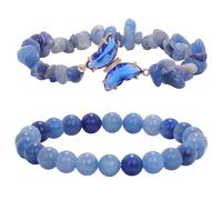 RWGSNB Women Stone Bracelets, Butterfly Bracelets Set Of 2 Layered Gemstone Beaded Friendship Bangles Balance Energy Stone Reiki Yoga Bangles Spiritual Crystal Jewelry Gift for Women Men Blue Aventu