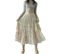 RWGSNB Women'S Boho Crochet Mesh Long Skirt Elastic Waist Midi Skirt Vintage Knitted Big Swing Umbrella Skirt Lined Casual Beach Length Skirts for Ladies Girls Beige L