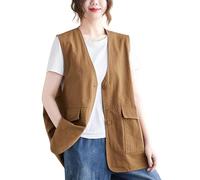 RWGSNB Women'S Cotton Linen Waistcoat Loose Sleeveless Blazer Vest Summer Light Jacket V Neck Suit Vest With Pockets Solid Casual Button Cardigan Gilet Yellow L