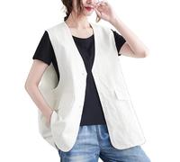 RWGSNB Women'S Cotton Linen Waistcoat Loose Sleeveless Blazer Vest Summer Light Jacket V Neck Suit Vest With Pockets Solid Casual Button Cardigan Gilet White S