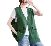 RWGSNB Women'S Cotton Linen Waistcoat Loose Sleeveless Blazer Vest Summer Light Jacket V Neck Suit Vest With Pockets Solid Casual Button Cardigan Gilet Green L
