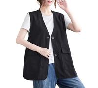 RWGSNB Women'S Cotton Linen Waistcoat Loose Sleeveless Blazer Vest Summer Light Jacket V Neck Suit Vest With Pockets Solid Casual Button Cardigan Gilet Black S